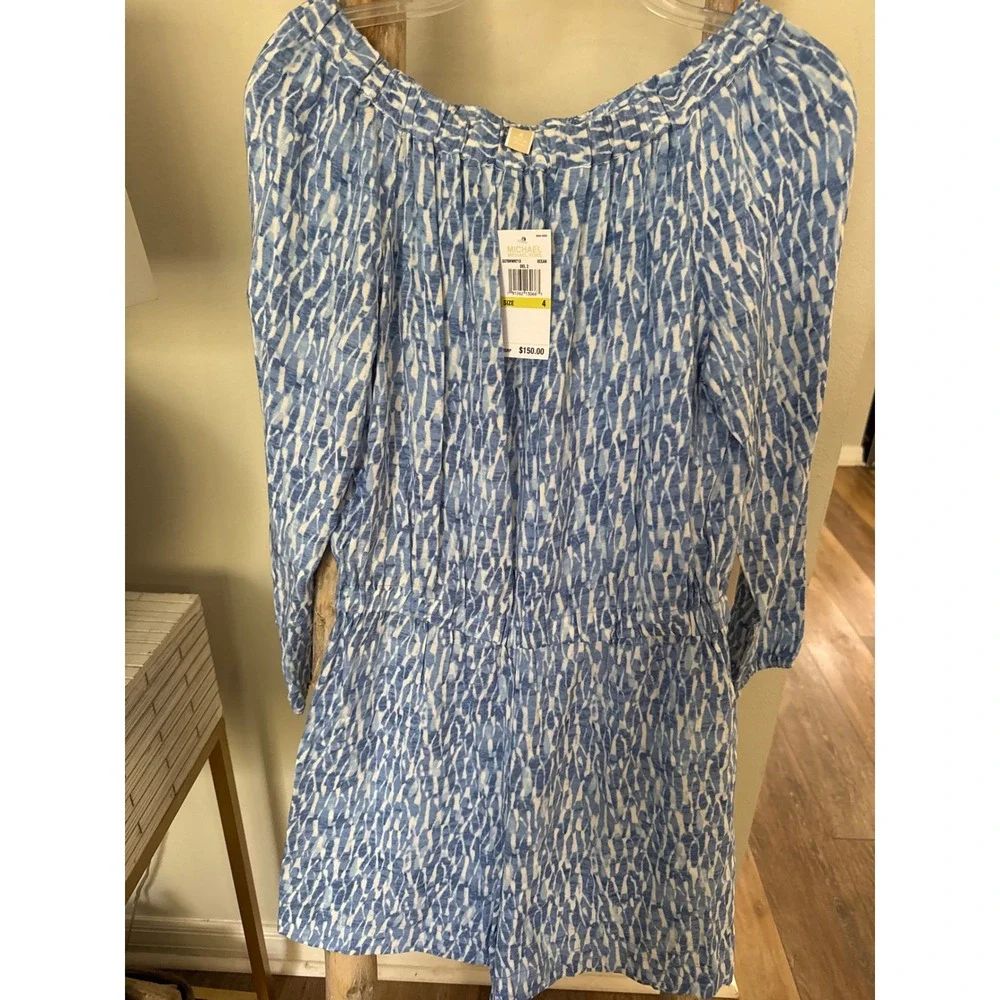 Michael‎ Michael Kors Off The Shoulder Romper blue and white print Size 4 NWT